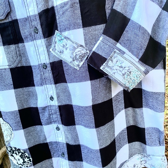 Flannel Buffalo Check Plaid Shacket Grunge Boho Frayed Floral Hippie Patch 2XL - Picture 3 of 11